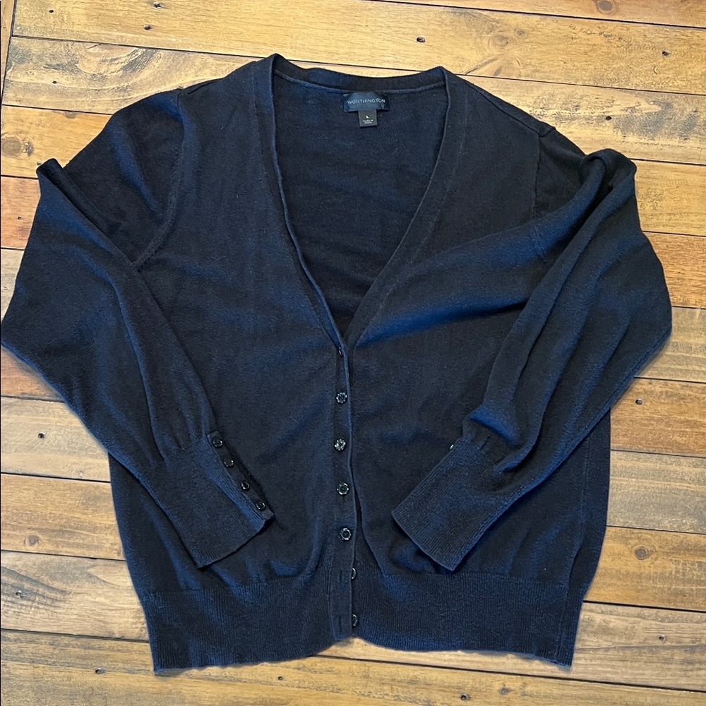 Worthington Black V-Neck Button-Front Cardigan